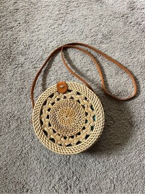 Handwoven Round Straw Crossbody Bag with Tan Leather Strap